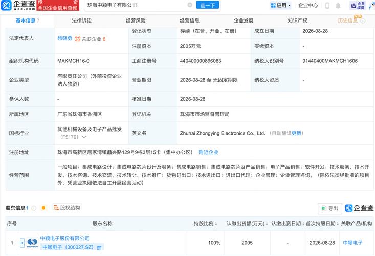 中颖电子在珠海成立新公司,含集成电路芯片业务
